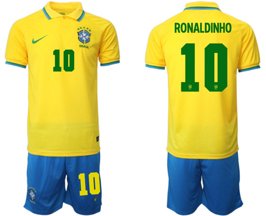 Men's Brazil #10 Ronaldinho Yellow Home Soccer Jersey Suit